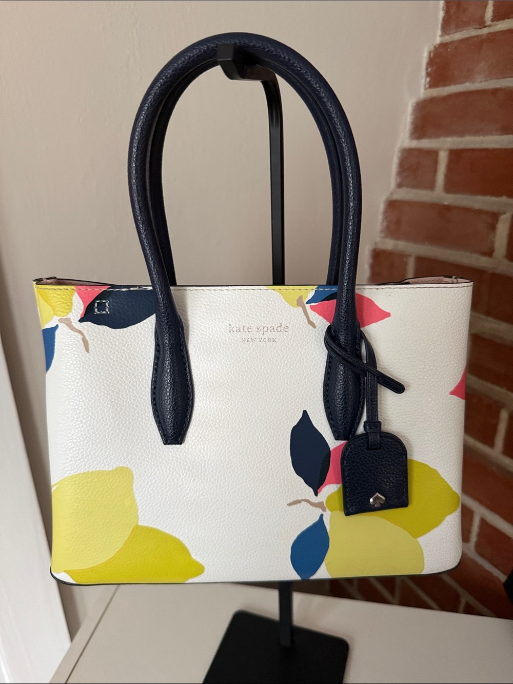 kate spade White Floral Lemon Print Tote with Navy Handles